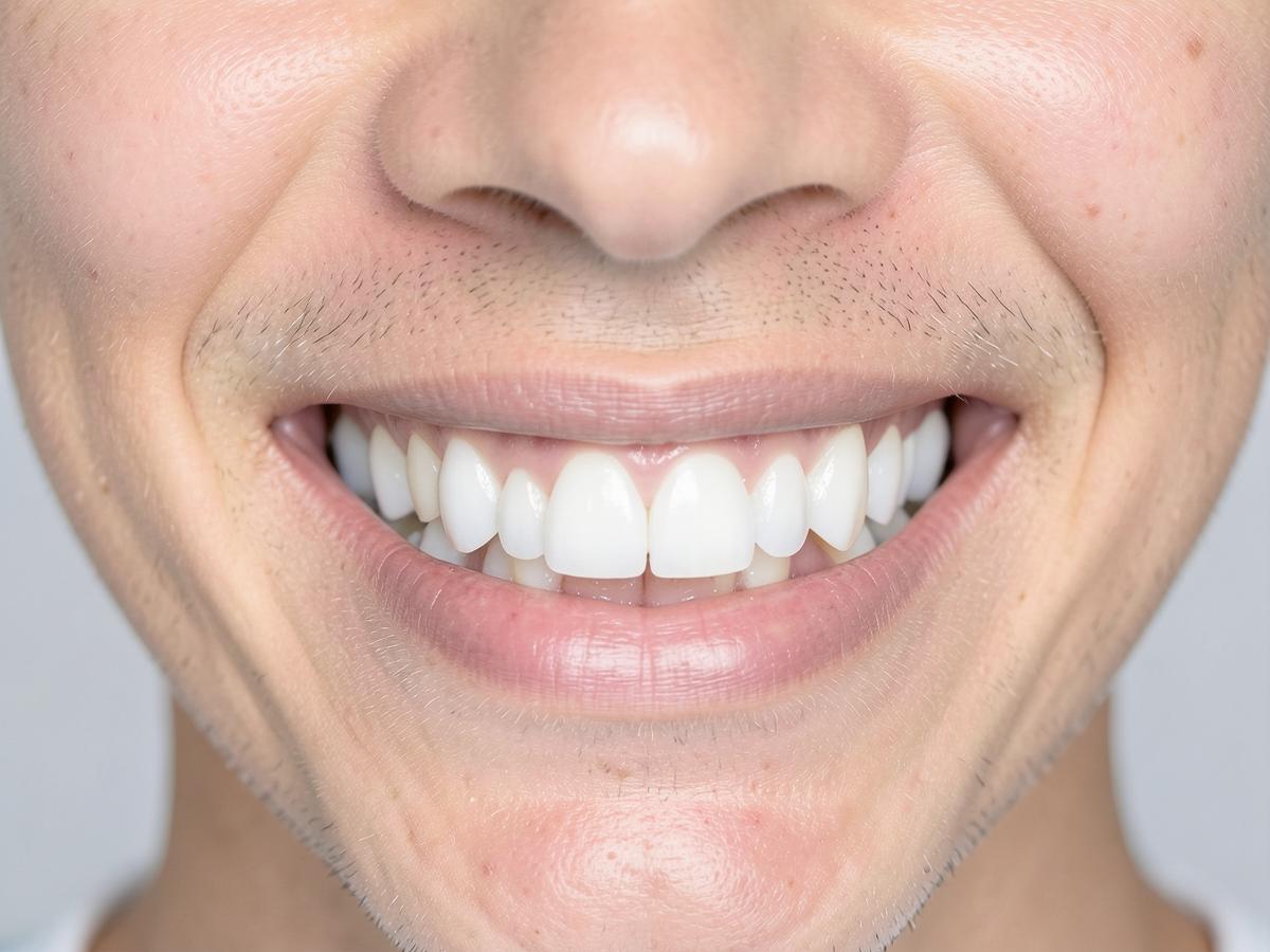 Patient's smile after whitening treatment: bright, even, white teeth